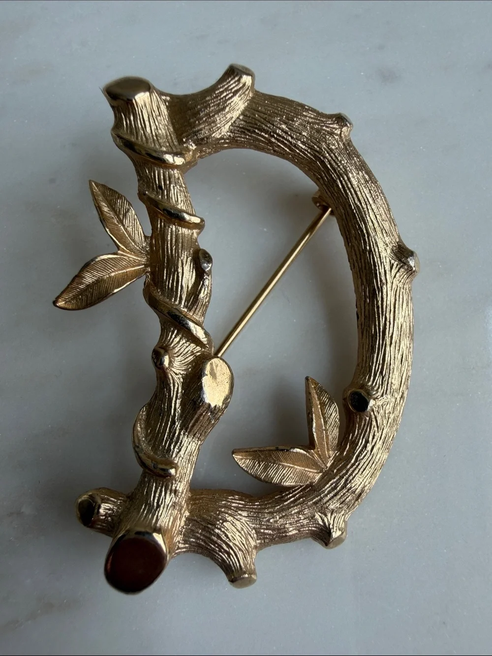 Vintage Sarah Coventry Monogram “D” Gold Branch & Leaf Brooch- Whimsical